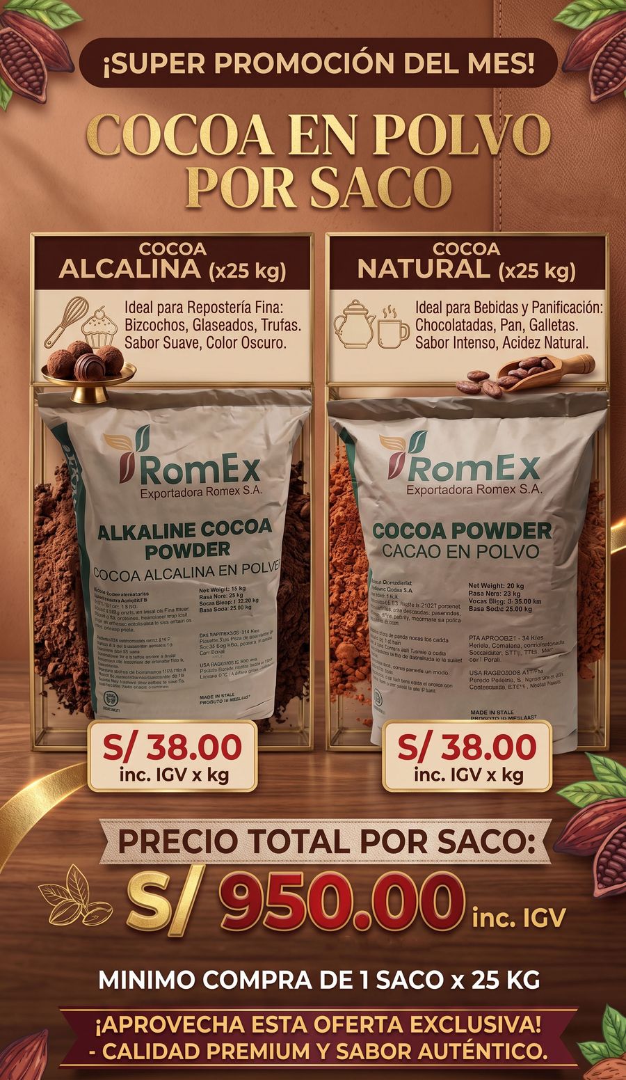 Promoción cocoa alcalina y natural por saco de 25 kg